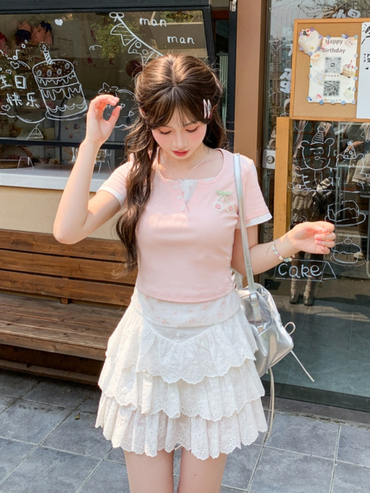 Faux Two-Pieces Pink Cherry Embroidery Sweet Floral T-Shirt