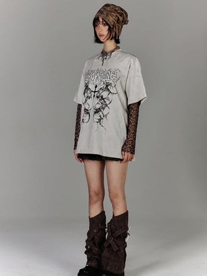Black/White Faded Wash Cotton T-Shirt Distressed Punk Print Vintage