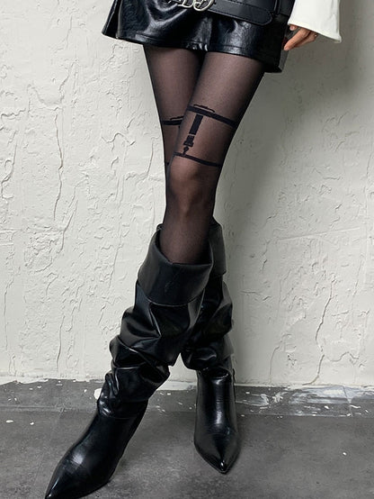 Buckle Print Design Punk Y2K Black Tights