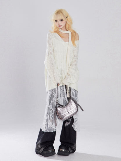 White Contrast Lace Patches Glamorous Cami Top Tiered Ruffles