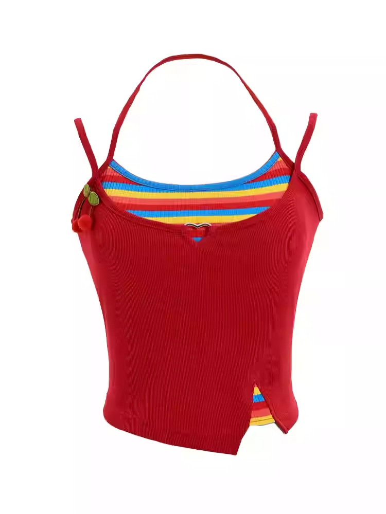 Two-pieces Cami Top with Padded Cups Faux Yellow/Green/Red