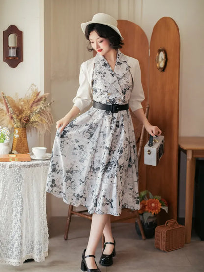 Blazer Collar 1950s Retro Dress Summer Fashion Print Newspaper