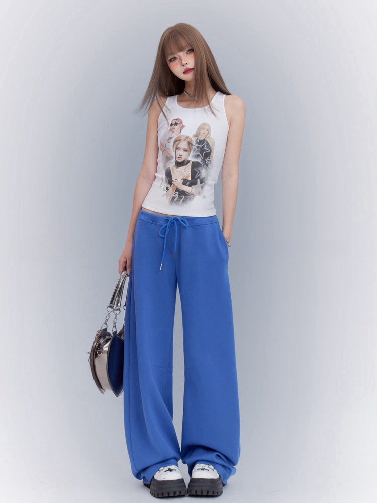 Blue Drawstring Waist Loose Straight-leg Sweatpants