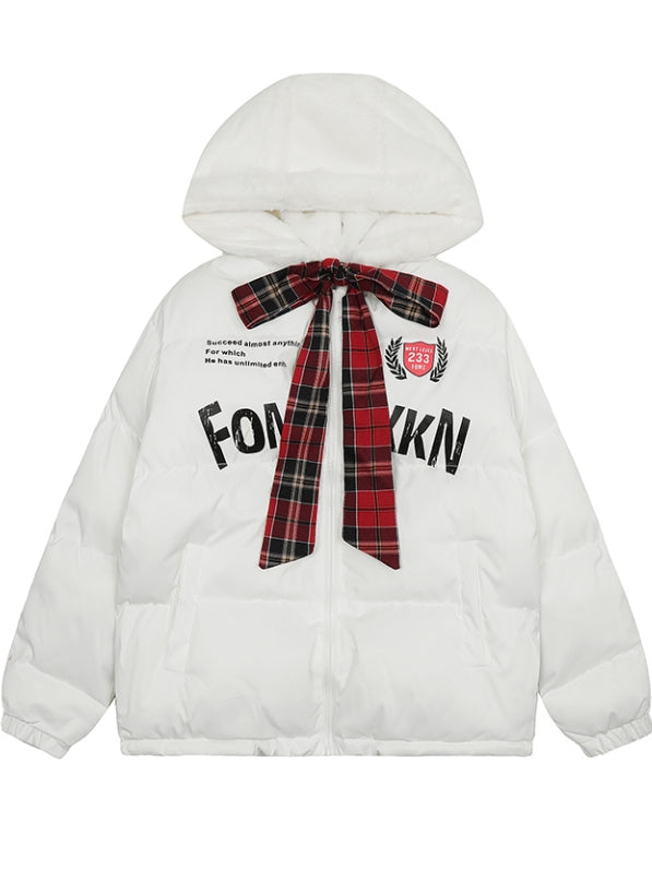 Black/White Letters Print Self-tie Bowknot Hooded Thick Jacket