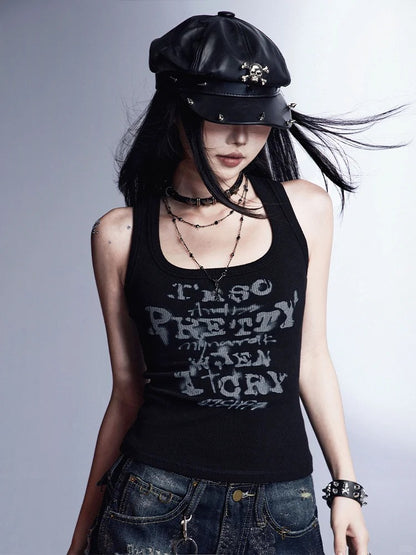 Black Letter Print Vintage Slim-fitting Tank Top Glamorous