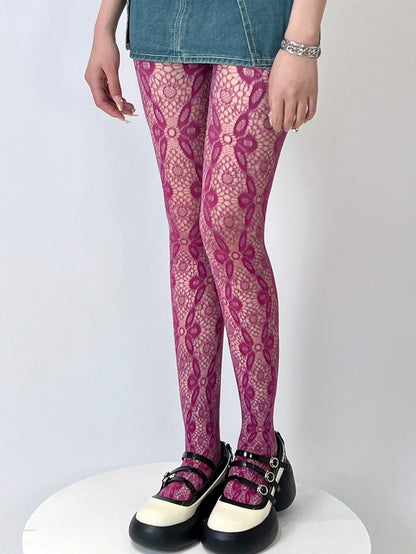 Red Rose Design Floral Hollow-out Tights Pattern