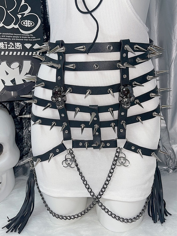 Charm Quasten Taille und Gürtel Nieten Schwarzes Skelett Y2K Verziert