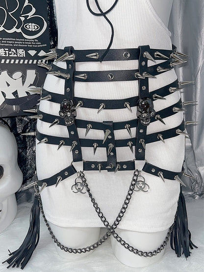Charm Quasten Taille und Gürtel Nieten Schwarzes Skelett Y2K Verziert