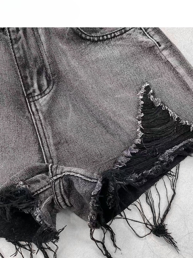 Raw Denim Holes Shorts Bittersweet Distressed Hem Gray