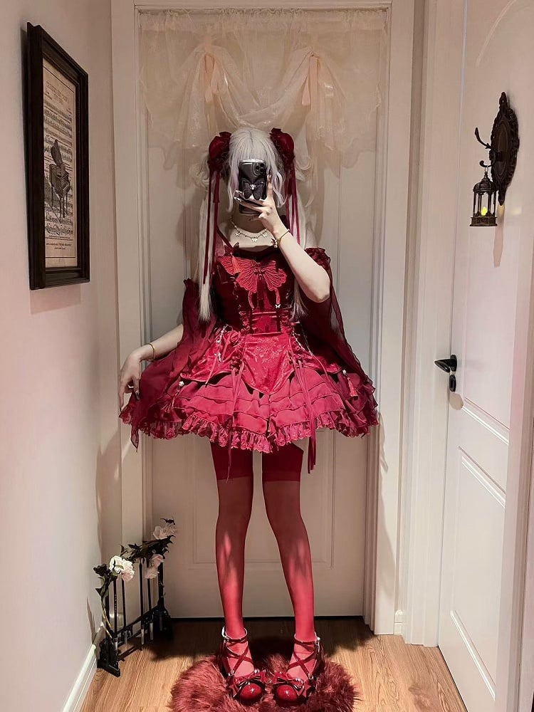 Tassels with Fairy Jumper Sleeves Butterfly Cascading Decorated Skirt and Red Lolita Ruffle