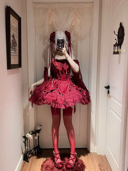 Tassels with Fairy Jumper Sleeves Butterfly Cascading Decorated Skirt and Red Lolita Ruffle
