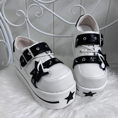 White Jirai Kei Star Design Buckle Strap Platform Shoes