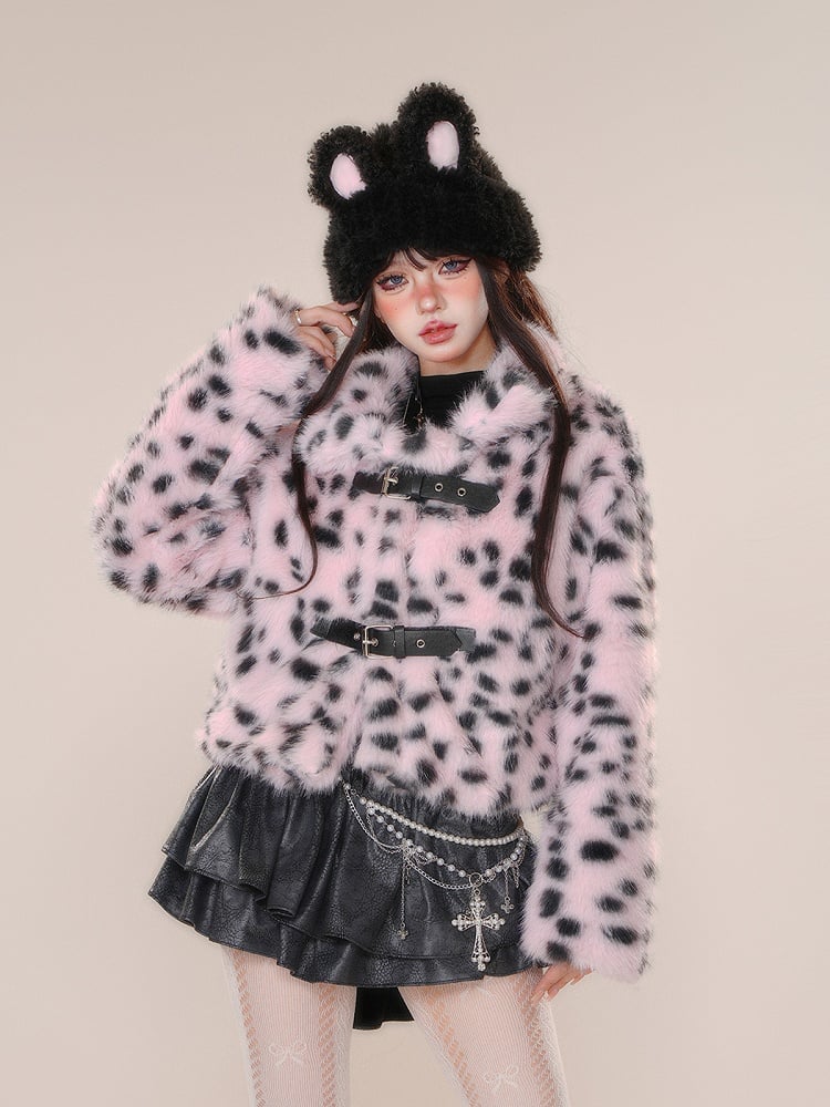 White Pink Leopard Buckle Straps Thick Coat