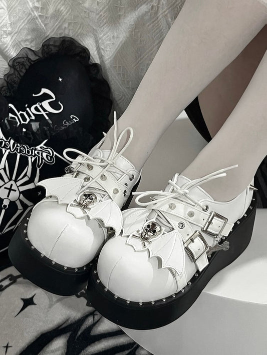 Y2K Matte White Punk Stud Buckle Strap Bat Wings Platform Shoes