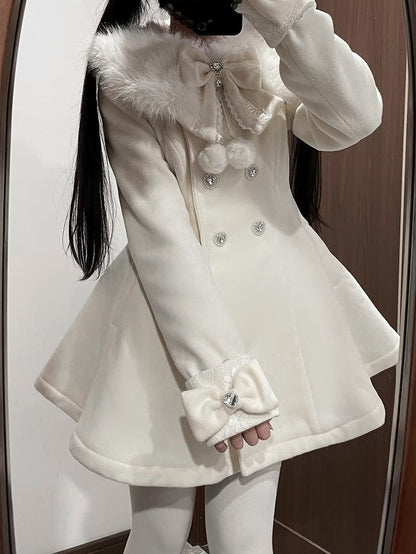 Jirai Kei Beige Detachable Plush Collar and Cuffs Landmine Style Woolen Coat with Bow