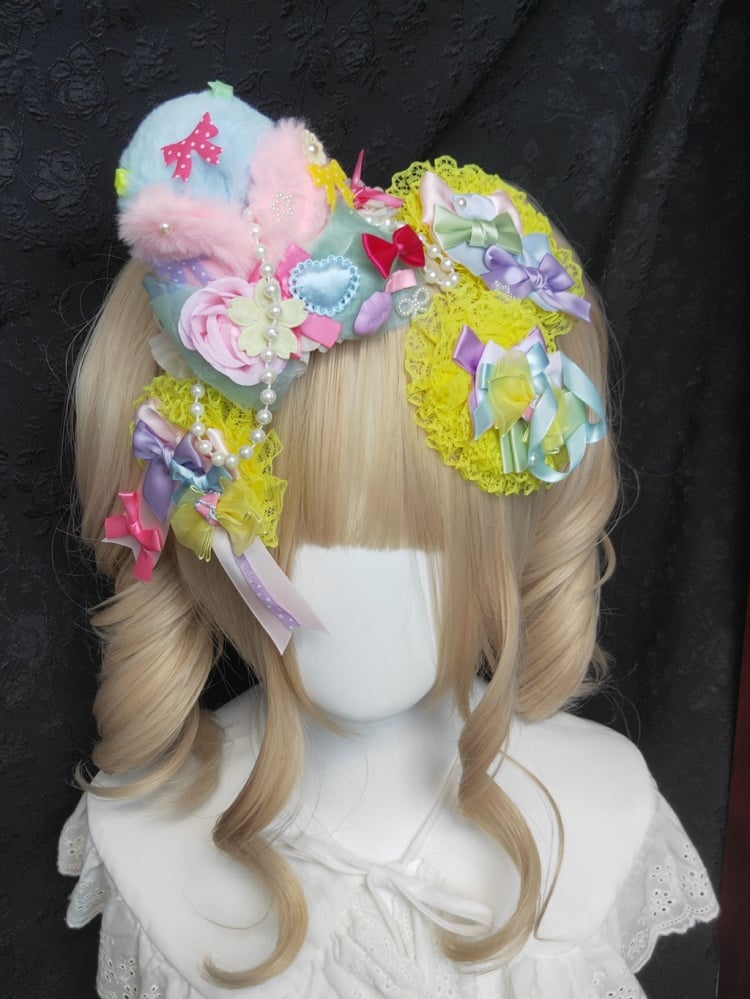 Colorful Bowknot Detail Floral Plush Mini Hat