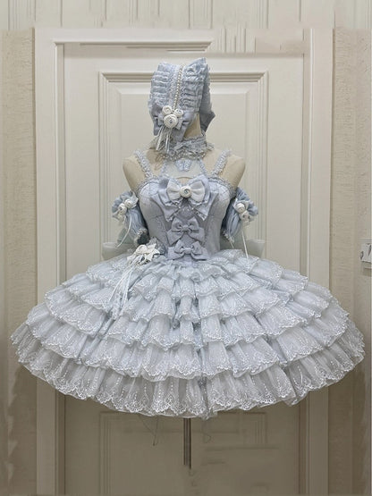 Prinzessin Neck Saum Rüschen Neckholder Balletcore Lolita Lagenkleid Blau mit