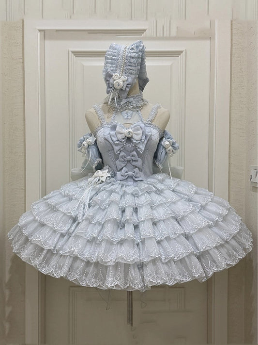 Prinzessin Neck Saum Rüschen Neckholder Balletcore Lolita Lagenkleid Blau mit