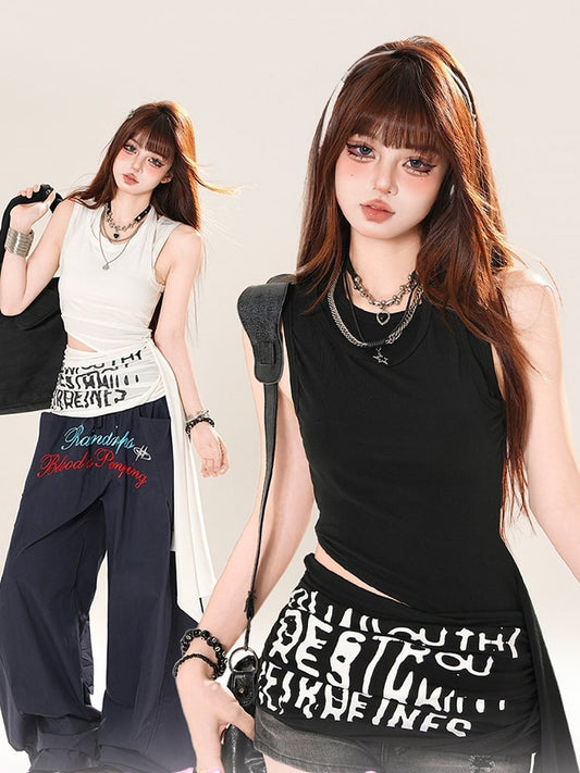 Asymmetrical Hem Cutout Waist Tank Top Black/White
