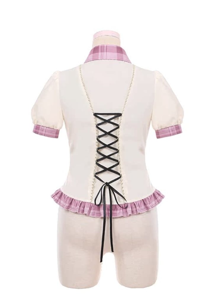 Contrast Pink Plaid Trim Beige Idol Lolita Blouse with Lace-up Detail at Back
