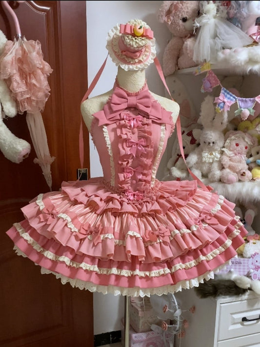Sweet Bow Dress Ruffle Accents Lolita Pink Tiered Halter Rose Neck Skirt Idol