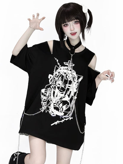 Chain Anime with Convertible Blue T-Shirt Shoulder Detachable Zip Black Choker Print White /