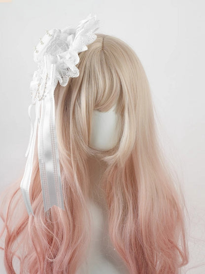 Shiro Lolita White Big Bow Lace Trim Snowflake Mini Hat with Beaded Chain