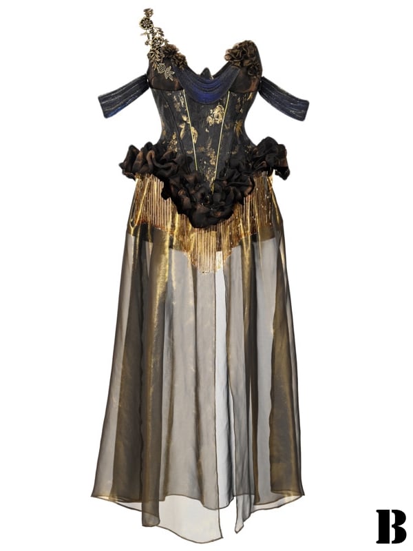 Black and Gold Tassels Boned Corset Top and Gold Chiffon Skirt