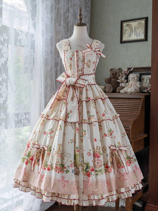 Floral Pink Hemline Lolita Fashion Dress Bunny Print House Strawberry and