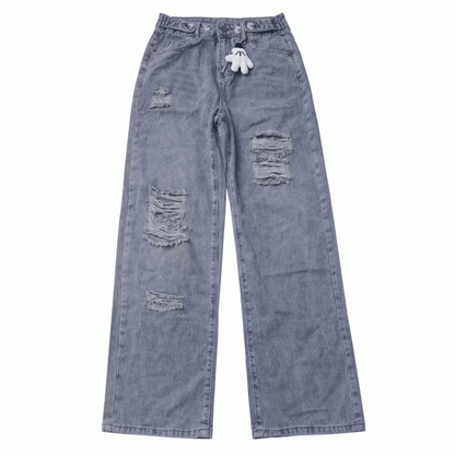 Straight-leg Jeans Blue Low Charm Free Rise Distressed Holes with