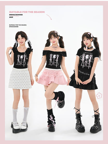 Black Square Neck Candlestick Print Drawstring Hem Lace Trim T-Shirt