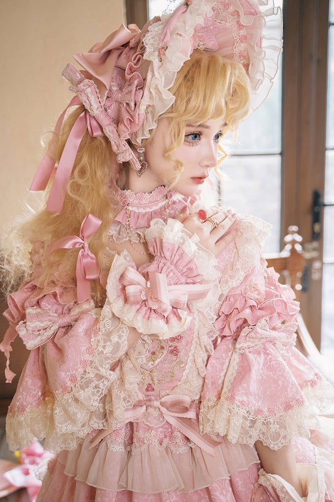 Rosette Embroidery Floral and Bead Chain Details Pink Gorgeous Hanayome Lolita Dress