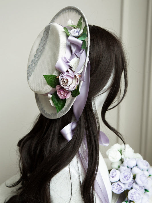 and Elegant Ribbon Hat Purple Top Floral Design