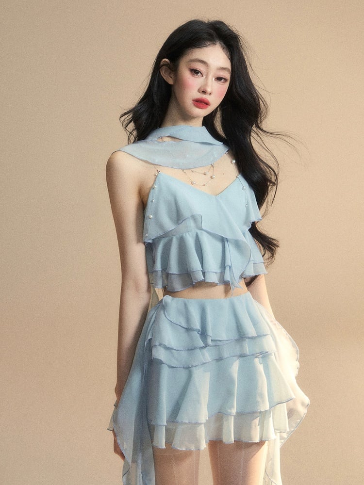Blue Chiffon Tiered Skirt Mini Asymmetrical Ruffled Hem Slim-fitting