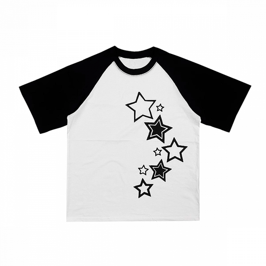 T-Shirt Schwarz Weiß Colorblock Design Stern Print Baumwolle