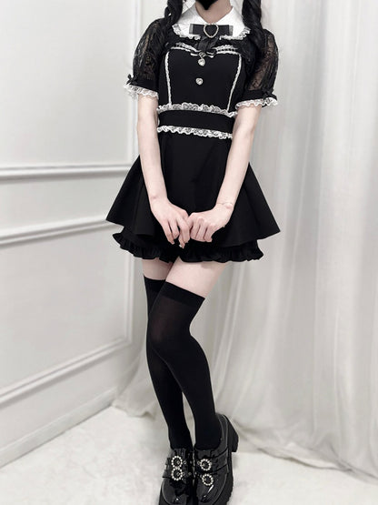Rhinestone -Shirt Set Sweetheart Black Bowtie Decoration Shawl Kei Jirai Top Collar + Lace Shorts