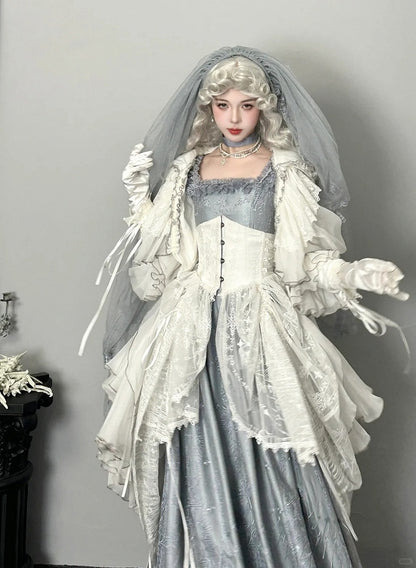 White Gothic Lolita Corset Belt with Drawstring Design Cathedral Embroidery Overlay