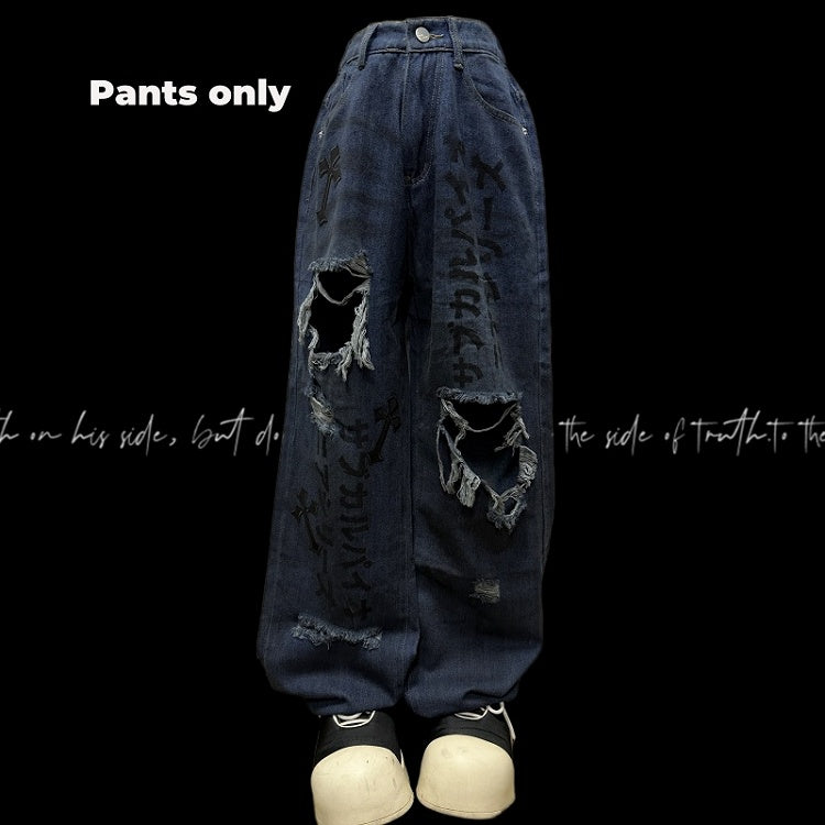 Raw Hem Punk Jeans Blue Distressed Holes