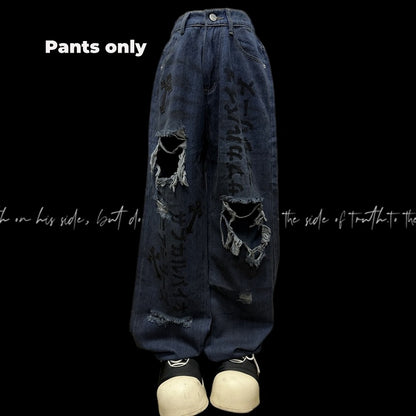 Raw Hem Punk Jeans Blue Distressed Holes