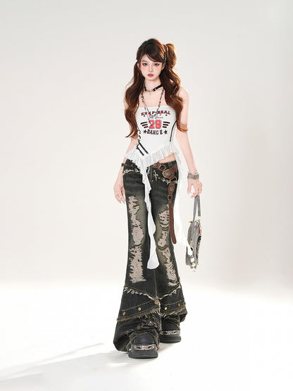 Waist Distressed Holes Flared Jeans Hem with Raw Black Low