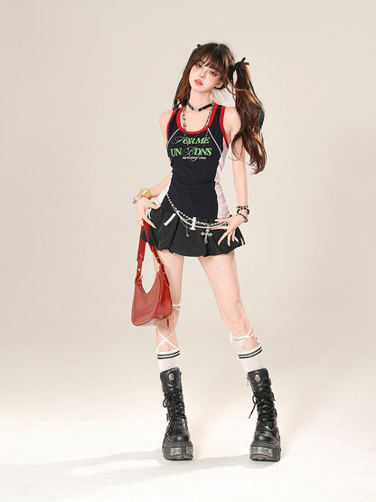 Design Letter Print Tank Top Navy Blue Colorblock