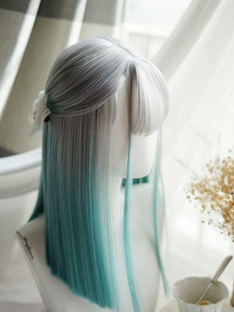 Grey-green Ombre Hair Color Above Bust Length Straight Wig With Full Bangs