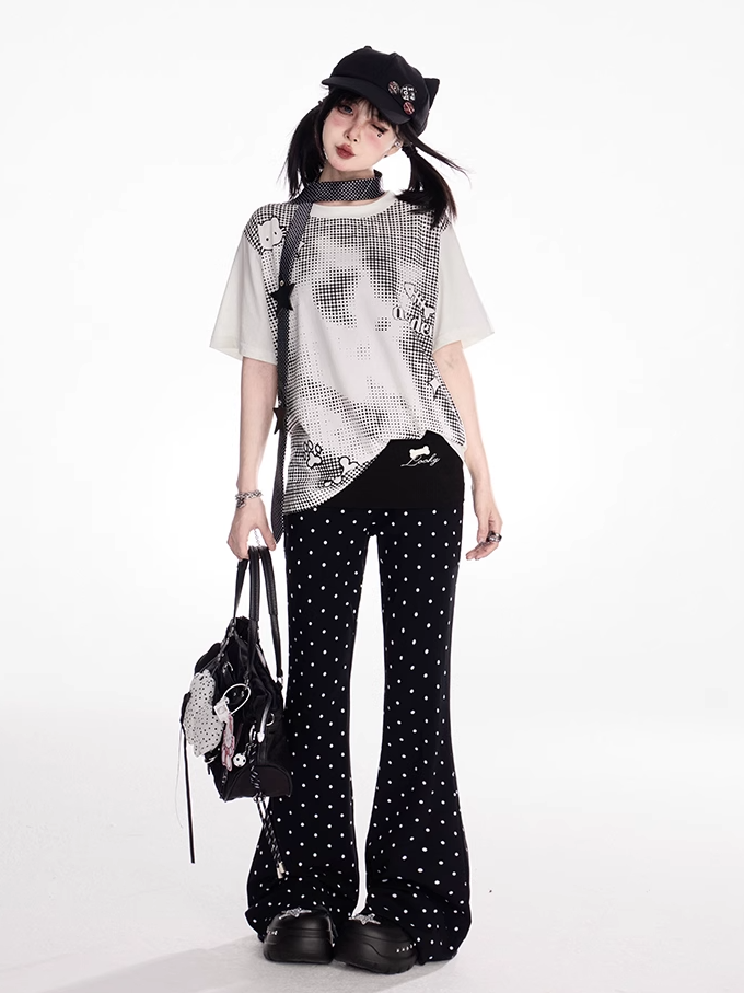 Flared Casual Pants Black Polka Dot Elastic Waist Slim-fitting