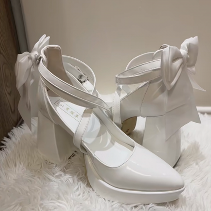 Gothic White Detachable Bowknot Crisscross Buckle Strap Platform High Block Heels