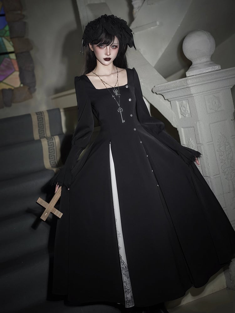 Lolita Square Print Collar + Gothic Hairband OP Black Neckline Necklace