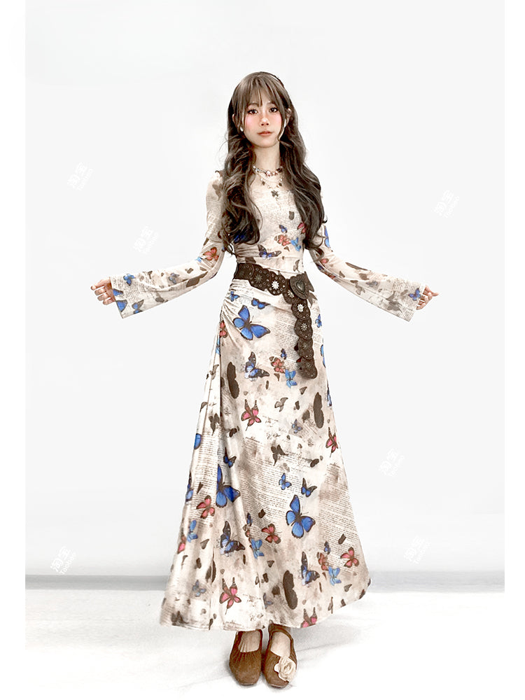 Millard Fashion Vintage Light Coffee Round Neck Butterfly Gathering Details Dress