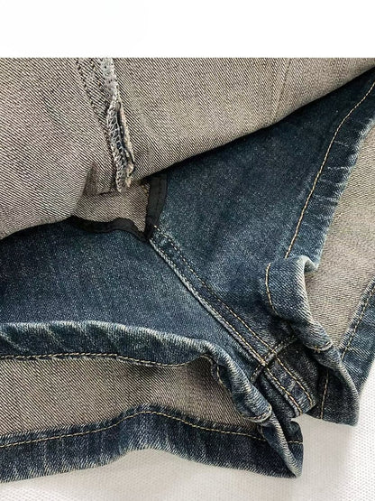 Vintage Dark Blue Distressed Denim Glamorous Skirt with Cargo Pockets