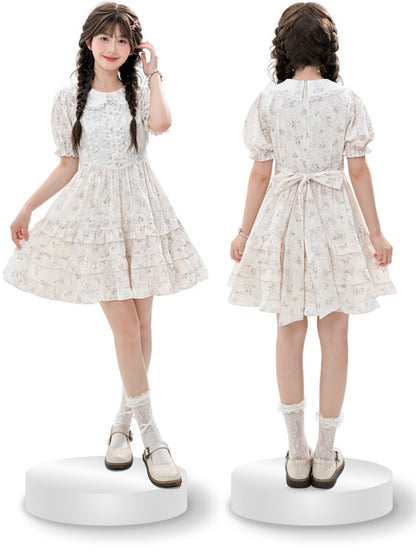 Bow Floral Dress White Peter Pan Collar Self-tie Waist Sweet