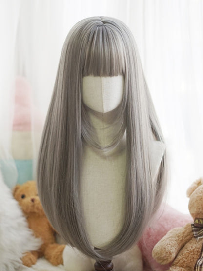 Black/White/Light Blonde/Blonde/Caramel/Grey Long Straight Wig With Full Bangs