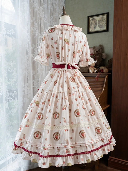 Strawberry Print Pink House Beige Short Sleeves Lolita Dress